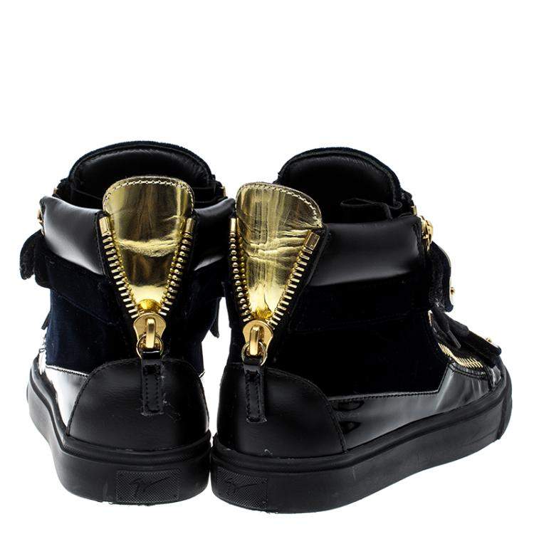 مملوكة مسبقًا Giuseppe Zanotti Navy Blue/Black Velvet and Leather Coby High Top Sneakers Size 36