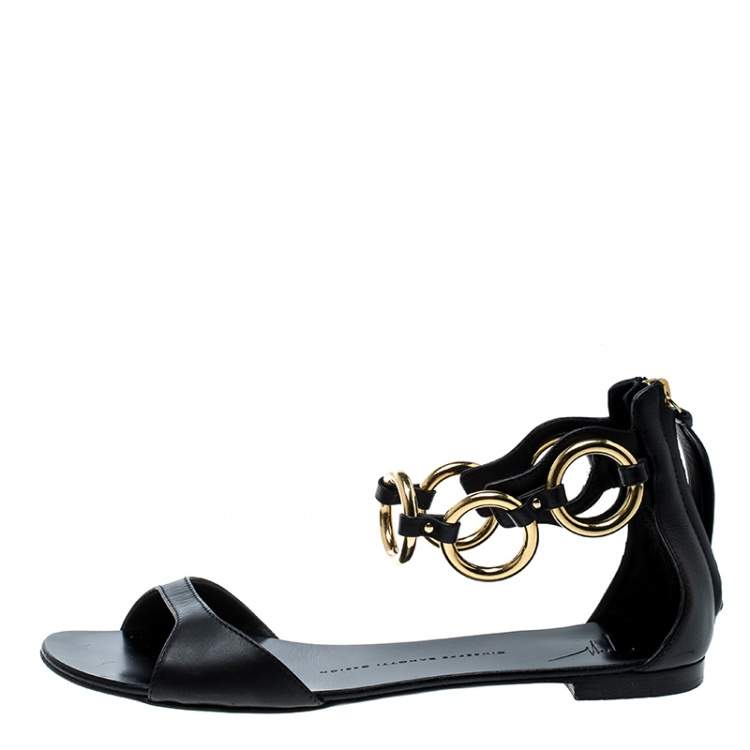 Pre Owned Giuseppe Zanotti Black Leather Gold Ring Open Toe Flat Sandals Size 38