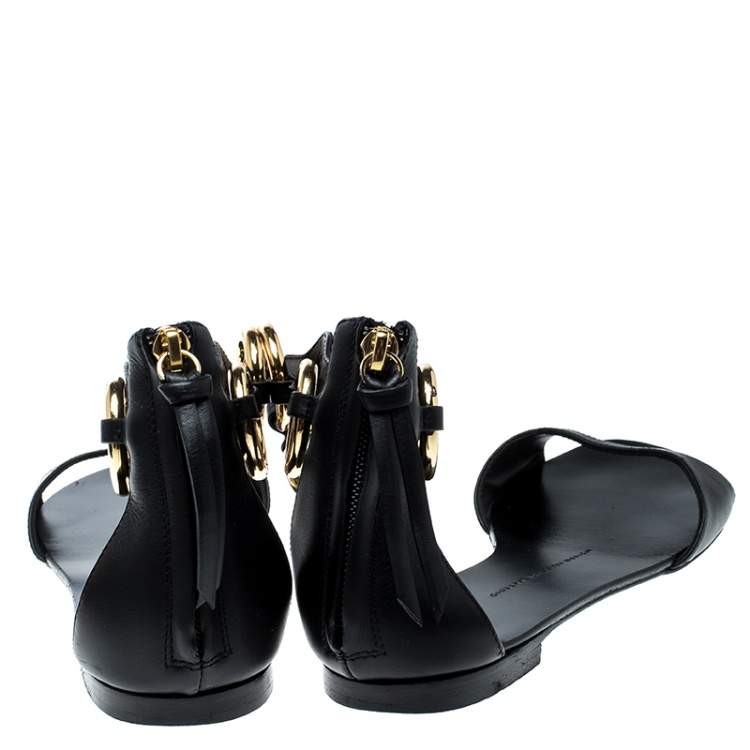 Pre Owned Giuseppe Zanotti Black Leather Gold Ring Open Toe Flat Sandals Size 38