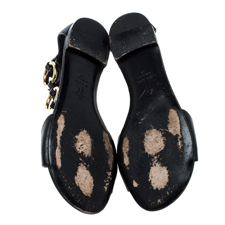 Pre Owned Giuseppe Zanotti Black Leather Gold Ring Open Toe Flat Sandals Size 38
