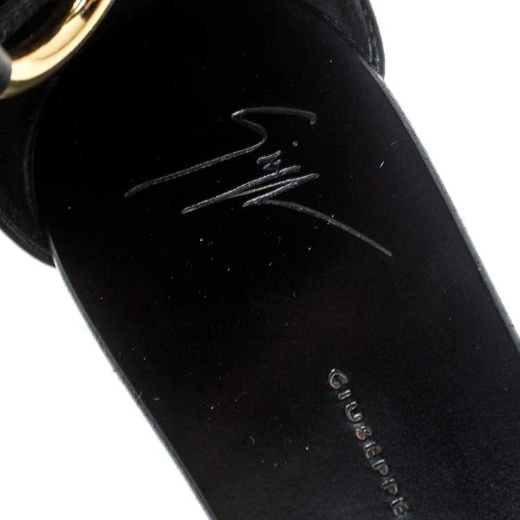 Pre Owned Giuseppe Zanotti Black Leather Gold Ring Open Toe Flat Sandals Size 38