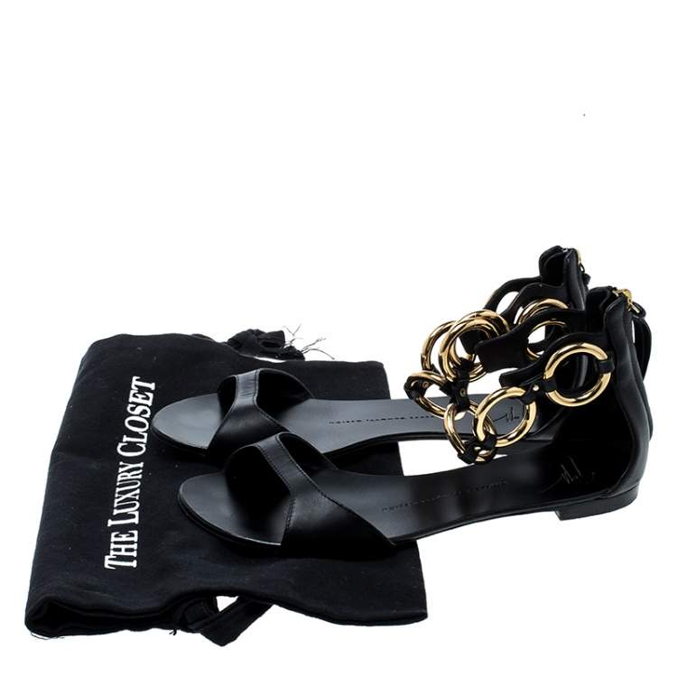 Pre Owned Giuseppe Zanotti Black Leather Gold Ring Open Toe Flat Sandals Size 38
