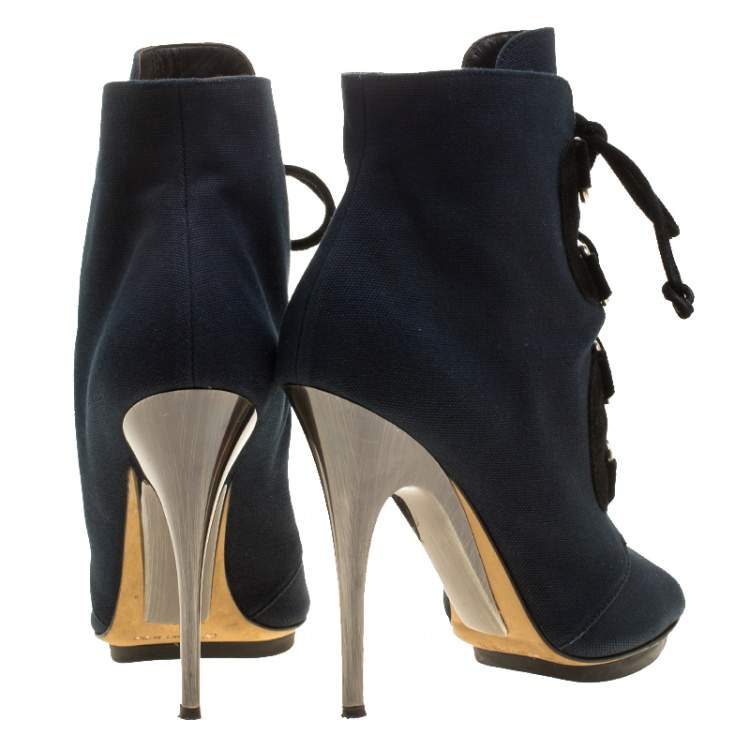Pre Owned Giuseppe Zanotti Blue Canvas Lace Up Peep Toe Booties Size 37.5