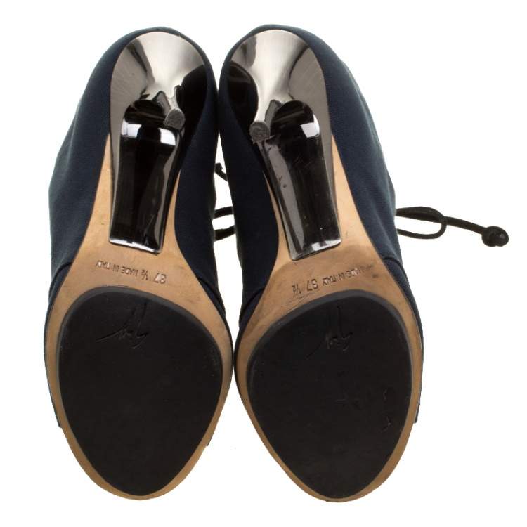 Pre Owned Giuseppe Zanotti Blue Canvas Lace Up Peep Toe Booties Size 37.5