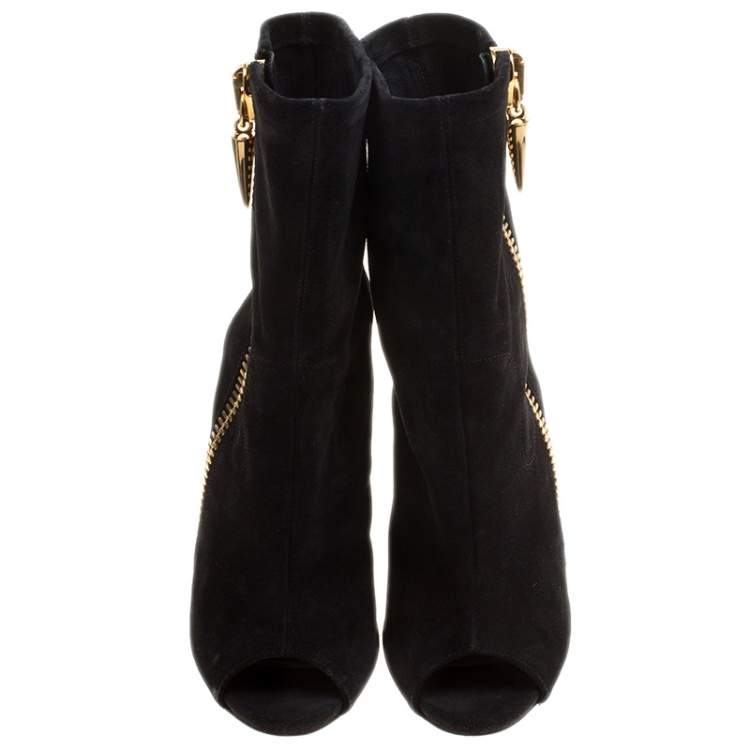 Pre Owned Giuseppe Zanotti Black Suede Alien Peep Toe Cut Out Ankle Boots Size 36
