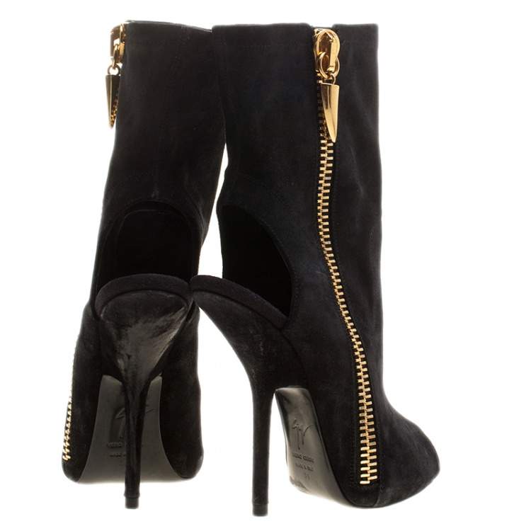 Pre Owned Giuseppe Zanotti Black Suede Alien Peep Toe Cut Out Ankle Boots Size 36