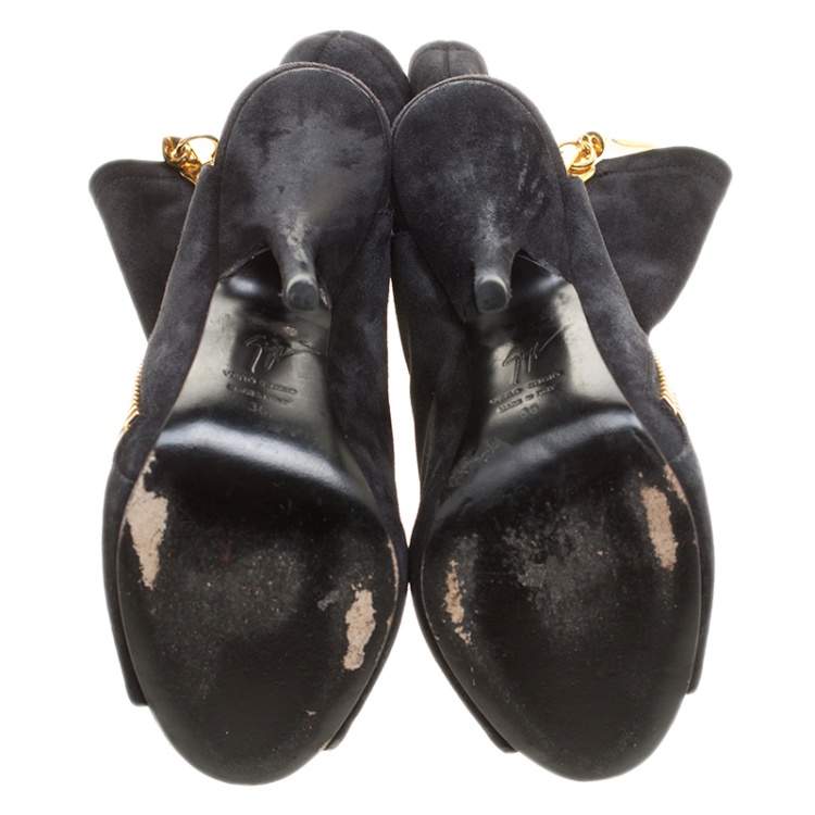 Pre Owned Giuseppe Zanotti Black Suede Alien Peep Toe Cut Out Ankle Boots Size 36