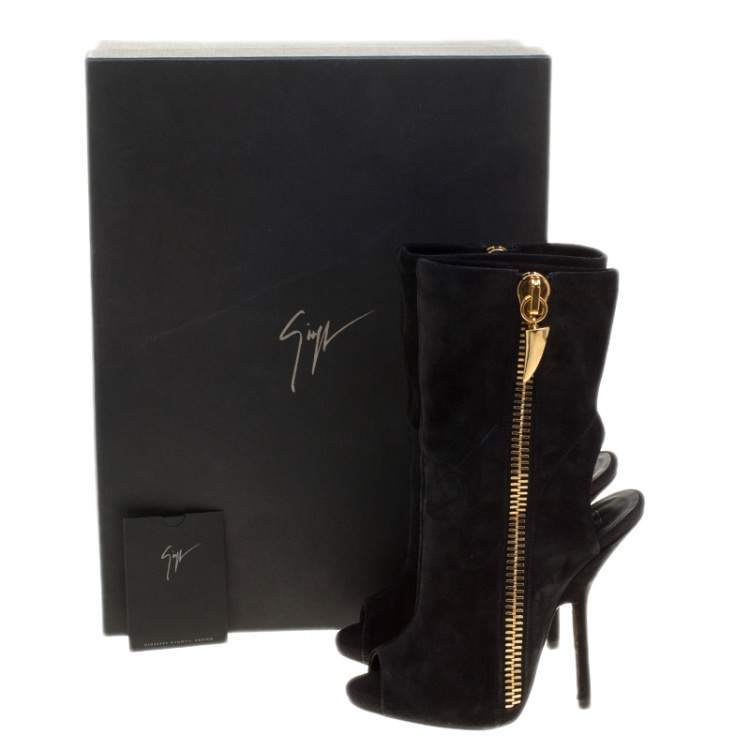 Pre Owned Giuseppe Zanotti Black Suede Alien Peep Toe Cut Out Ankle Boots Size 36