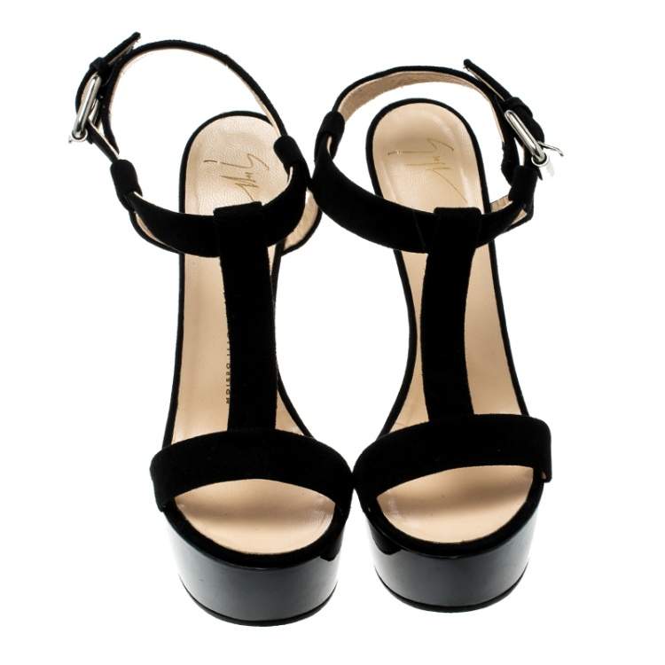 Pre Owned Giuseppe Zanotti Black Suede T Strap Platform Heel Less Wedge Sandals Size 40