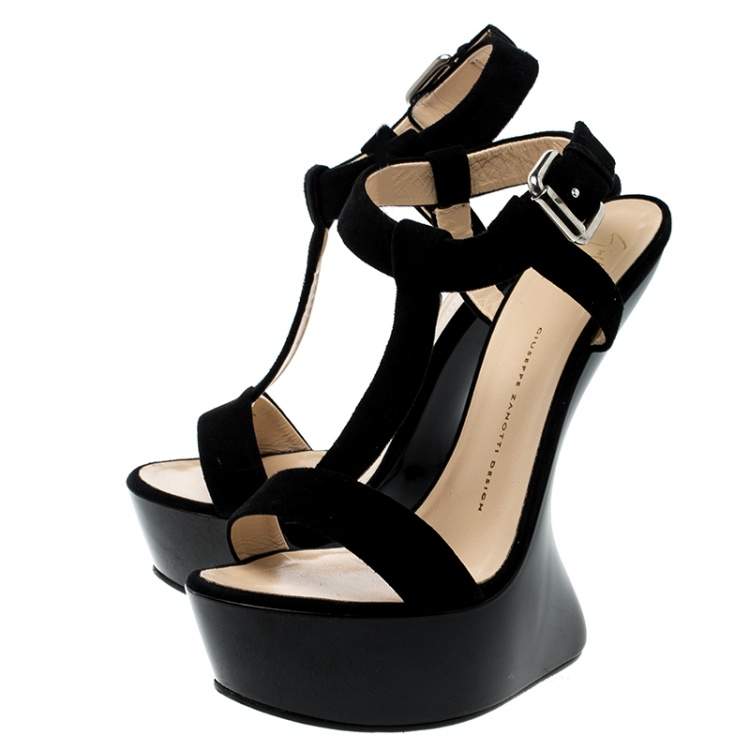 Pre Owned Giuseppe Zanotti Black Suede T Strap Platform Heel Less Wedge Sandals Size 40