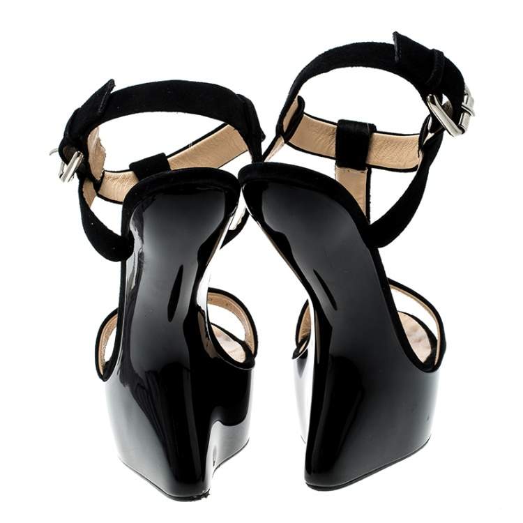 Pre Owned Giuseppe Zanotti Black Suede T Strap Platform Heel Less Wedge Sandals Size 40