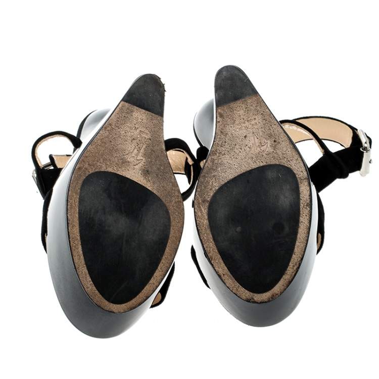 Pre Owned Giuseppe Zanotti Black Suede T Strap Platform Heel Less Wedge Sandals Size 40