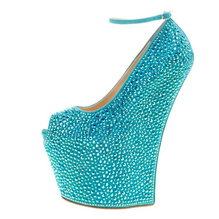 Pre Owned Giuseppe Zanotti Blue Crystal Embellished Suede Heelless Peep Toe Platform Pumps Size 37