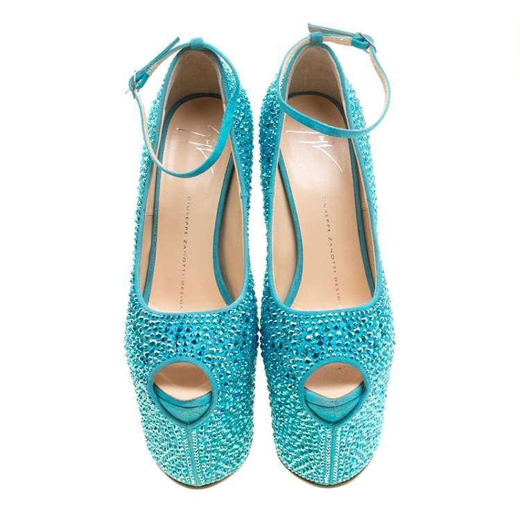 Pre Owned Giuseppe Zanotti Blue Crystal Embellished Suede Heelless Peep Toe Platform Pumps Size 37