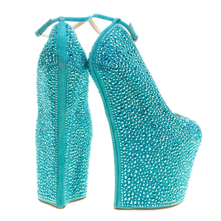 Pre Owned Giuseppe Zanotti Blue Crystal Embellished Suede Heelless Peep Toe Platform Pumps Size 37