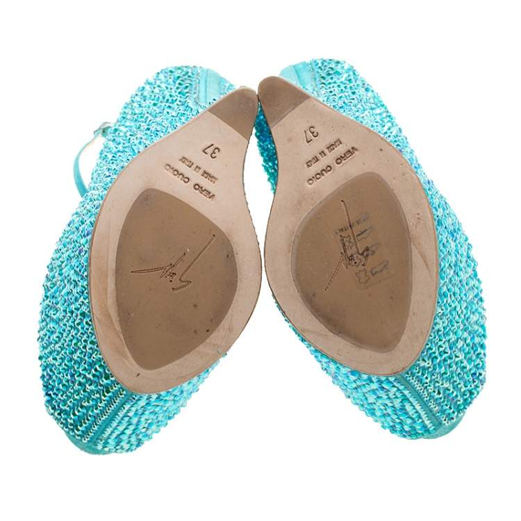 Pre Owned Giuseppe Zanotti Blue Crystal Embellished Suede Heelless Peep Toe Platform Pumps Size 37