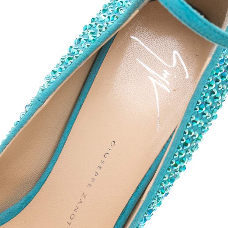 Pre Owned Giuseppe Zanotti Blue Crystal Embellished Suede Heelless Peep Toe Platform Pumps Size 37