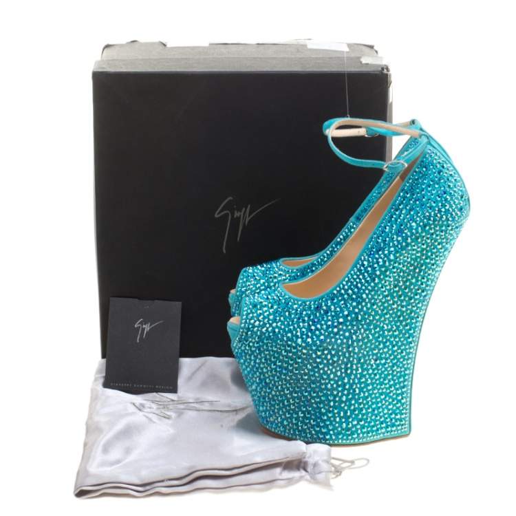Pre Owned Giuseppe Zanotti Blue Crystal Embellished Suede Heelless Peep Toe Platform Pumps Size 37
