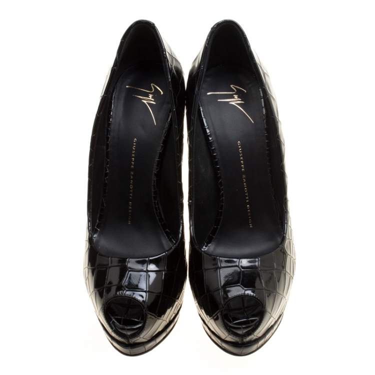 Pre Owned Giuseppe Zanotti Black Patent Croc Embossed Leather Sharon Platform Peep Toe Pumps Size 39