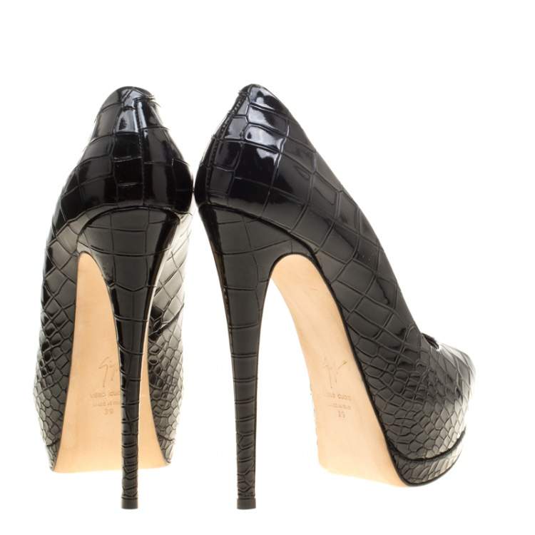 Pre Owned Giuseppe Zanotti Black Patent Croc Embossed Leather Sharon Platform Peep Toe Pumps Size 39