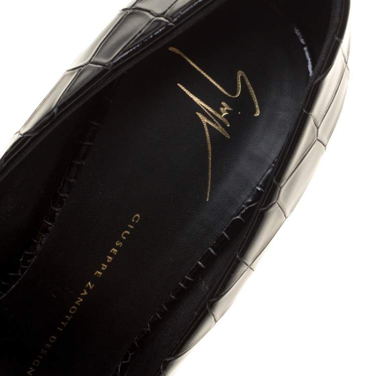 Pre Owned Giuseppe Zanotti Black Patent Croc Embossed Leather Sharon Platform Peep Toe Pumps Size 39