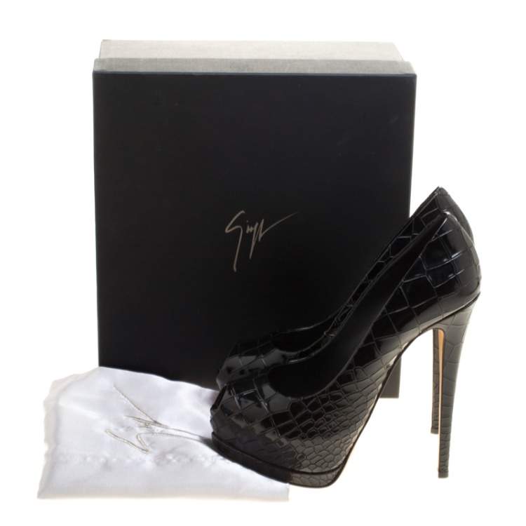 Pre Owned Giuseppe Zanotti Black Patent Croc Embossed Leather Sharon Platform Peep Toe Pumps Size 39
