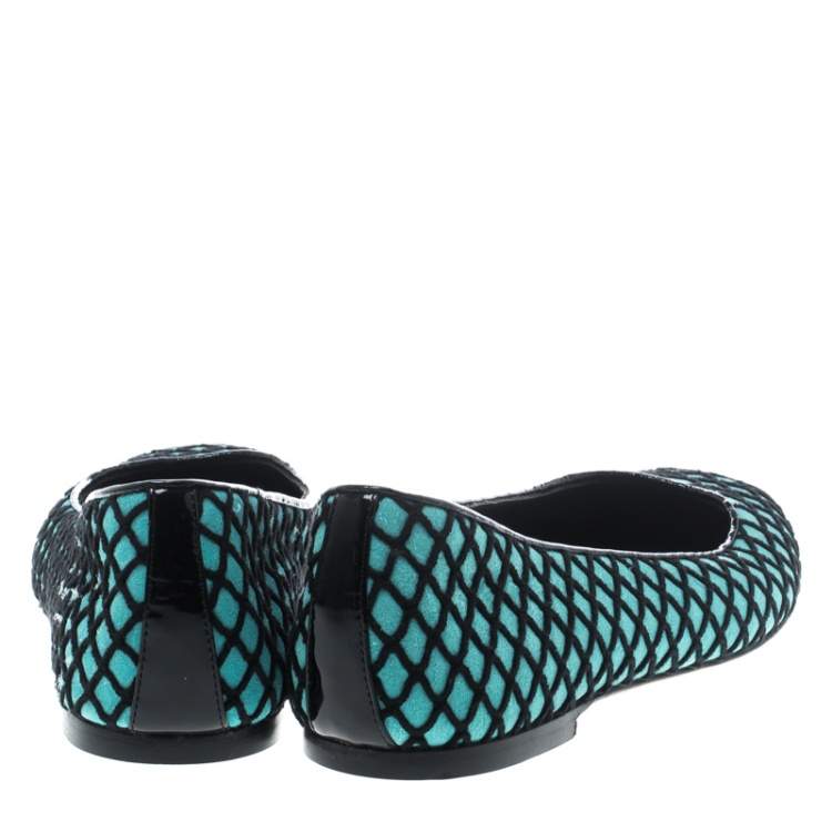 مملوكة مسبقًا Giuseppe Zanotti Green/Black Suede and Fabric Cap Toe Ballet Flats Size 38
