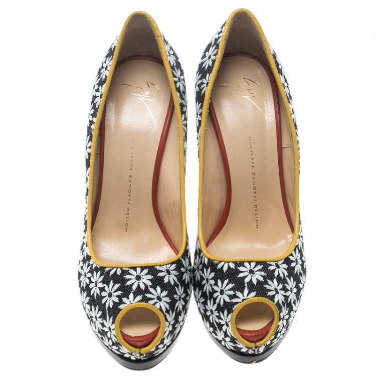 مملوكة مسبقًا Giuseppe Zanotti Multicolor Fabric and Leather Peep Toe Platform Pumps Size 39 