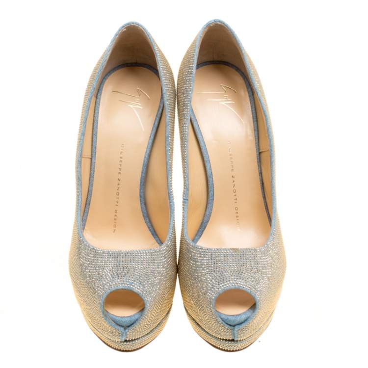 مملوكة مسبقًا  Giuseppe Zanotti Denim Blue Embellished Canvas Sharon Peep Toe Platform Pumps Size 38