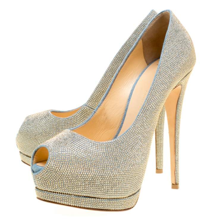 مملوكة مسبقًا  Giuseppe Zanotti Denim Blue Embellished Canvas Sharon Peep Toe Platform Pumps Size 38