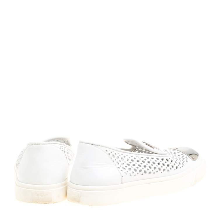 Pre Owned Giuseppe Zanotti White Perforated Leather Metal Cap Toe Skate Sneakers Size 40