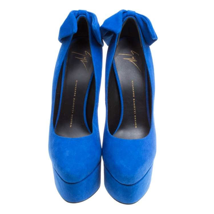Pre Owned Giuseppe Zanotti Blue Suede Debra Bow Platform Pumps Size 38