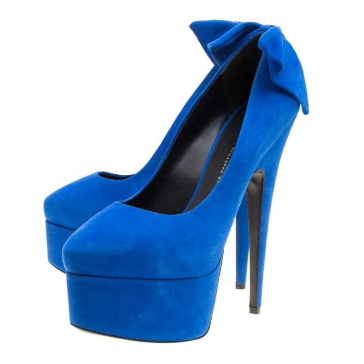 Pre Owned Giuseppe Zanotti Blue Suede Debra Bow Platform Pumps Size 38