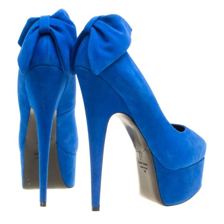 Pre Owned Giuseppe Zanotti Blue Suede Debra Bow Platform Pumps Size 38