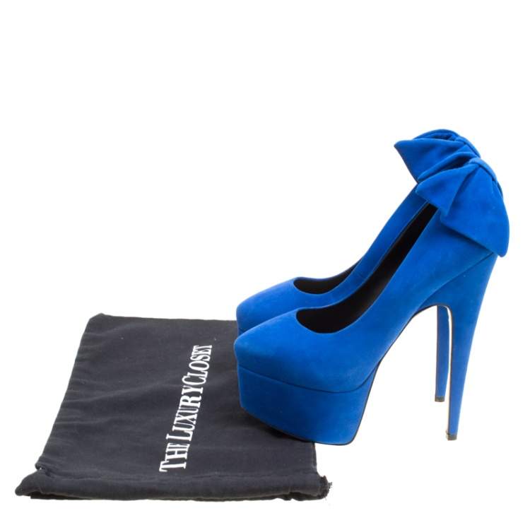 Pre Owned Giuseppe Zanotti Blue Suede Debra Bow Platform Pumps Size 38