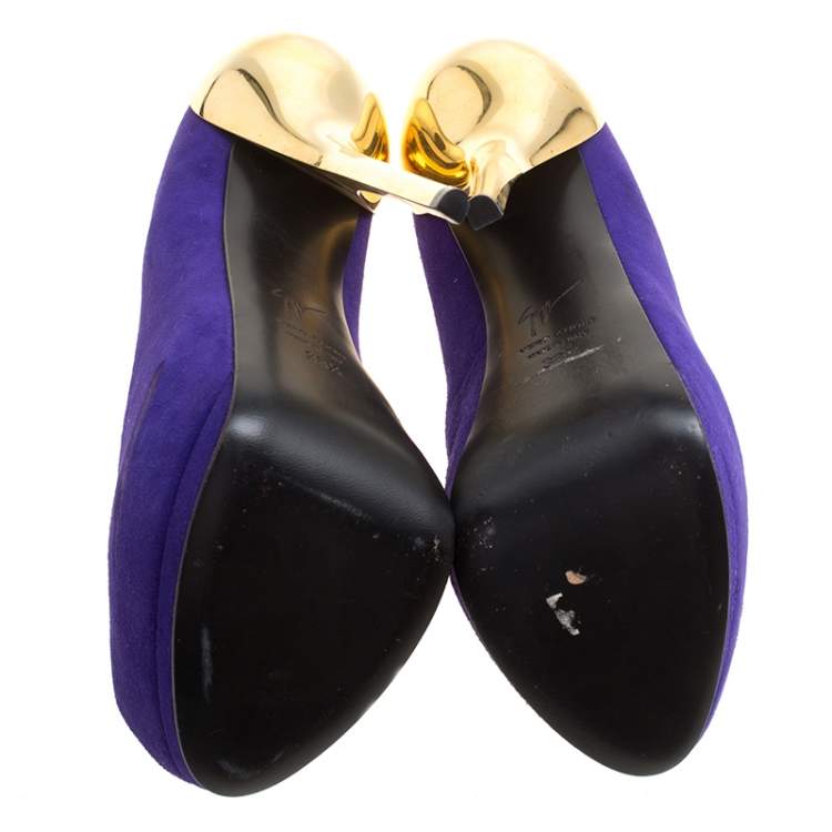 مملوكة مسبقًا Giuseppe Zanotti Purple Suede Peep Toe Platform Pumps Size 38.5
