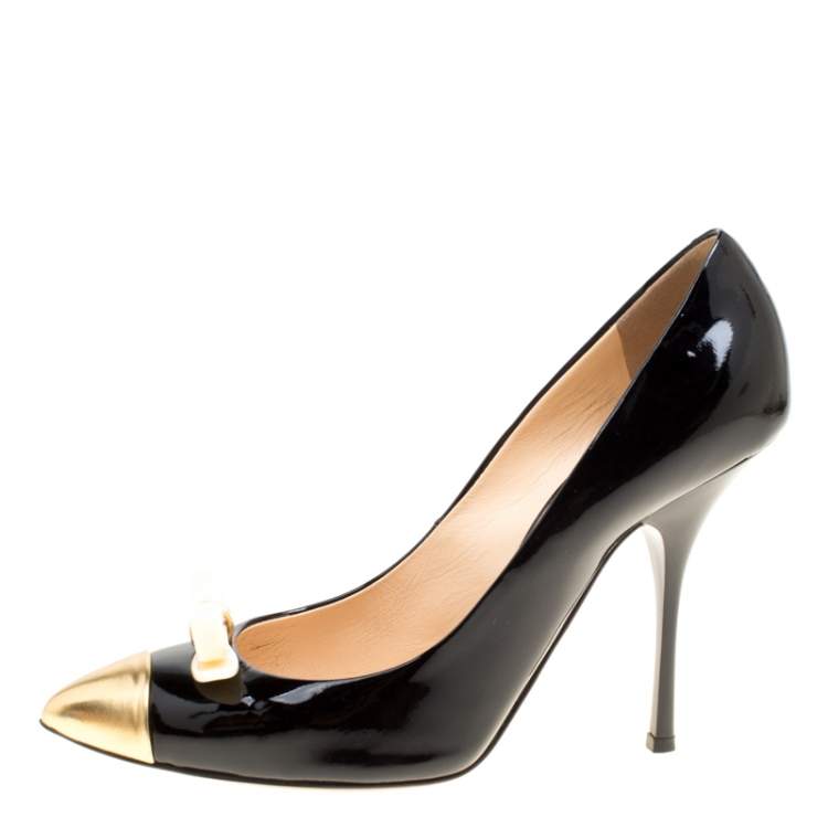 Pre Owned Giuseppe Zanotti Black Patent Leather Bow Embellished Cap Toe Pumps Size 40