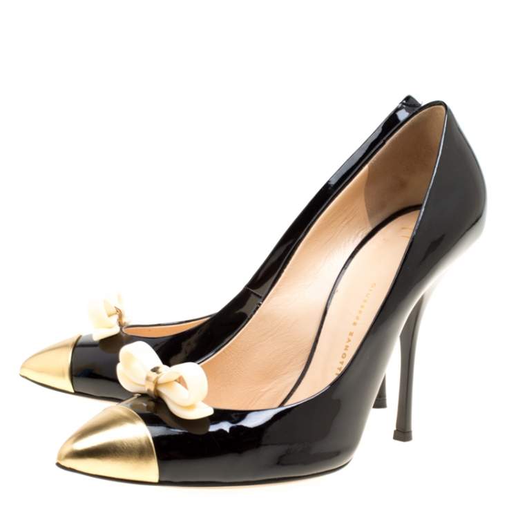 Pre Owned Giuseppe Zanotti Black Patent Leather Bow Embellished Cap Toe Pumps Size 40