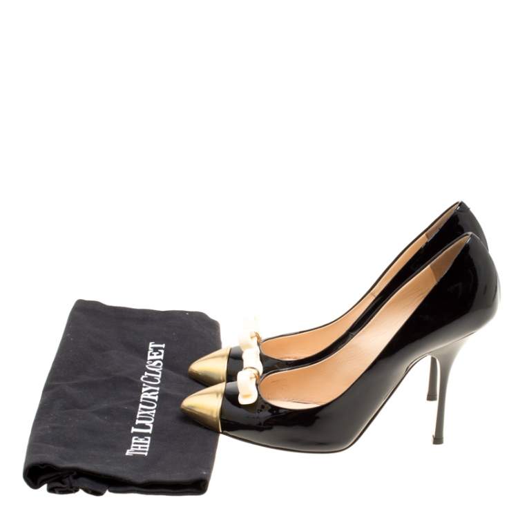 Pre Owned Giuseppe Zanotti Black Patent Leather Bow Embellished Cap Toe Pumps Size 40