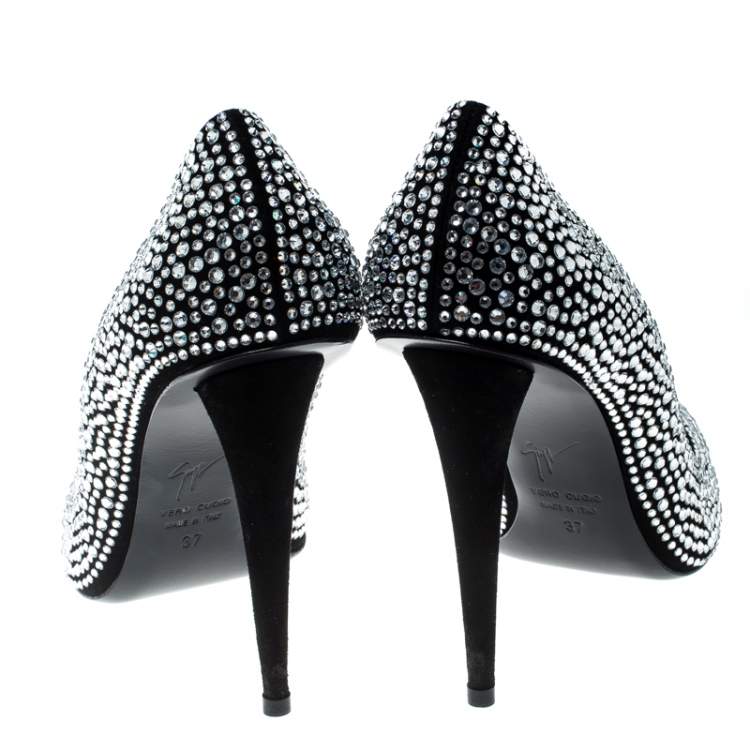Pre Owned Giuseppe Zanotti Black Crystal Embellished Suede Ester Pointed Toe Pumps Size 37