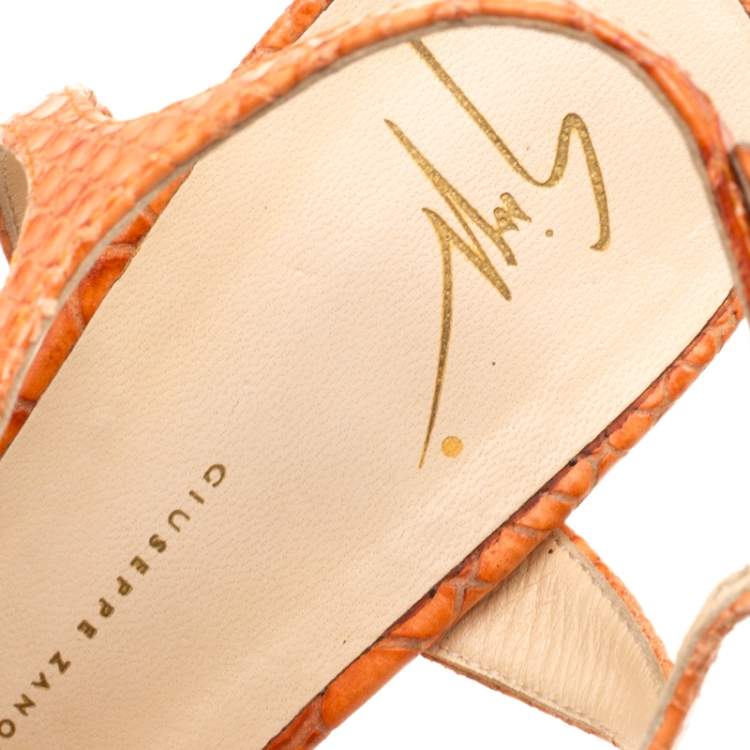 Pre Owned Giuseppe Zanotti Orange Python Embossed Leather Cross Strap Sandals Size 39