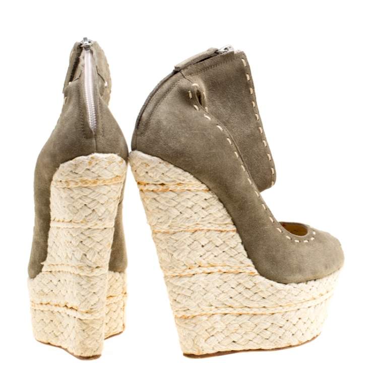 Pre Owned Giuseppe Zanotti Olive Green Suede Espadrille Wedge Ankle Strap Peep Toe Pumps Size 37