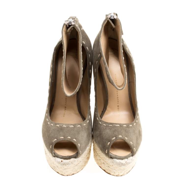 Pre Owned Giuseppe Zanotti Olive Green Suede Espadrille Wedge Ankle Strap Peep Toe Pumps Size 37