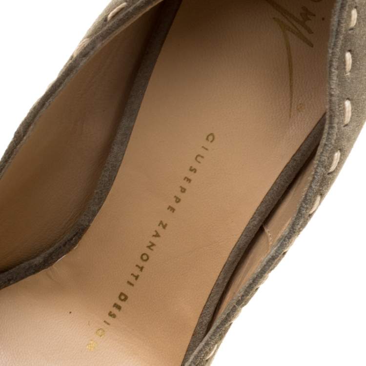 Pre Owned Giuseppe Zanotti Olive Green Suede Espadrille Wedge Ankle Strap Peep Toe Pumps Size 37