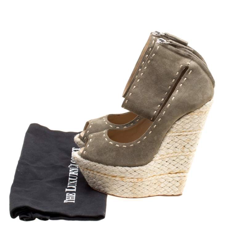 Pre Owned Giuseppe Zanotti Olive Green Suede Espadrille Wedge Ankle Strap Peep Toe Pumps Size 37