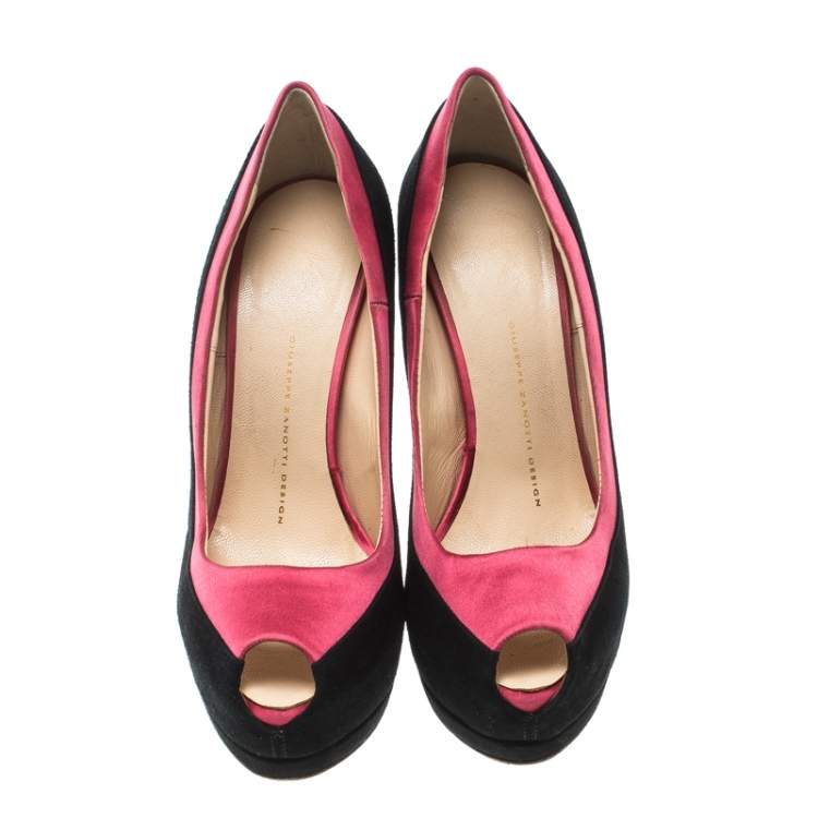 Pre Owned Giuseppe Zanotti Black/Pink Suede and Satin Peep Toe Platform Pumps Size 38