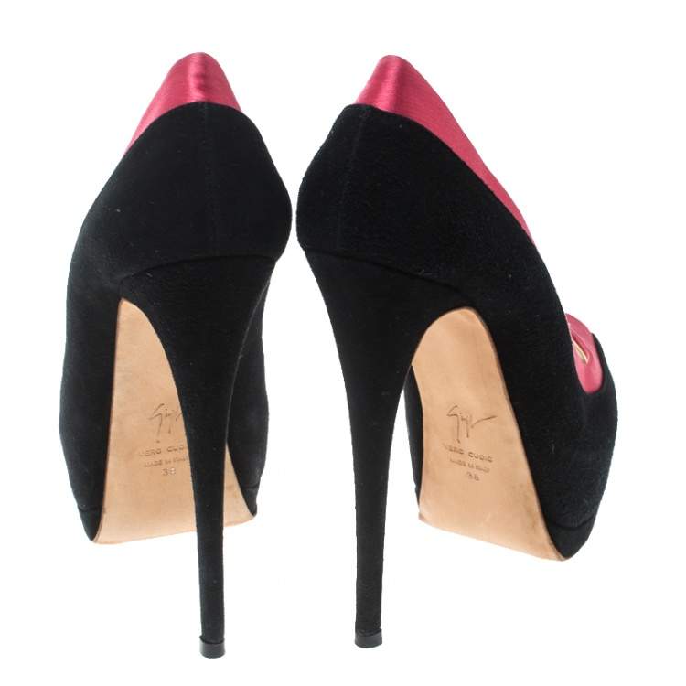 Pre Owned Giuseppe Zanotti Black/Pink Suede and Satin Peep Toe Platform Pumps Size 38