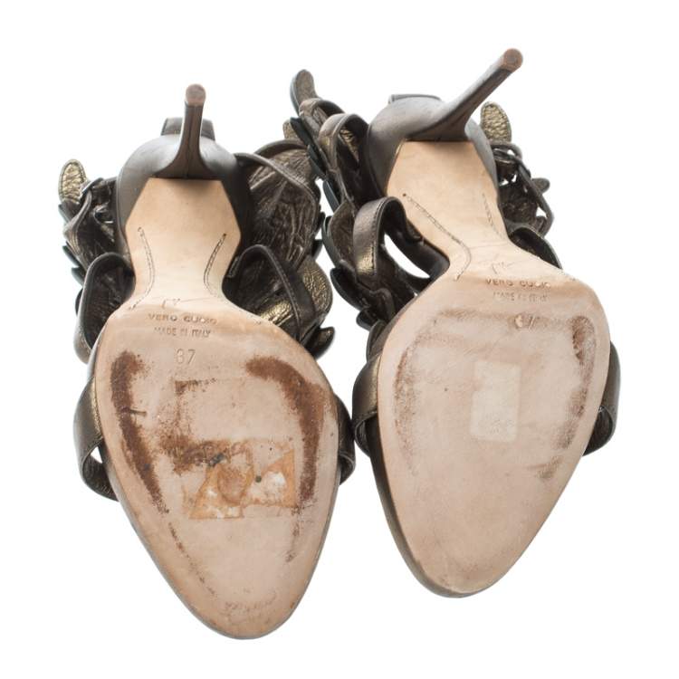 Pre Owned Giuseppe Zanotti Olive Green Leather Argent Metal Wing Embellished Strappy Sandals Size 37