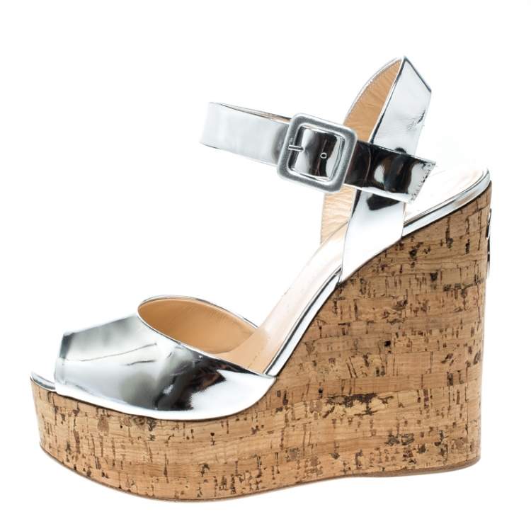 Pre Owned Giuseppe Zanotti Silver Patent Leather Cork Platform Wedge Sandals Size 37.5