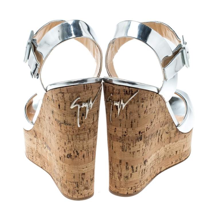 Pre Owned Giuseppe Zanotti Silver Patent Leather Cork Platform Wedge Sandals Size 37.5